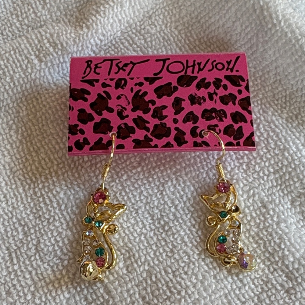 Betsey Johnson Gold Cat Earrings with Pink and Green Accents